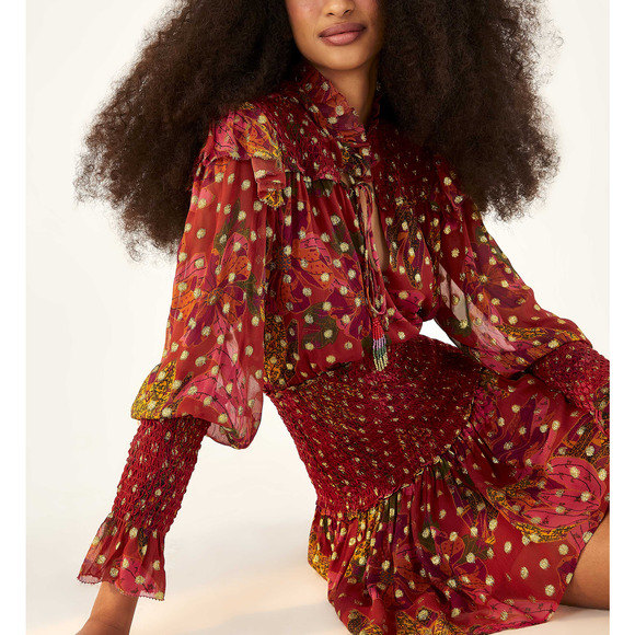 Farm Rio 'Banana' Red Flowers Smocked Long Sleeve Mockneck Mini Dress Size S - Picture 1 of 5